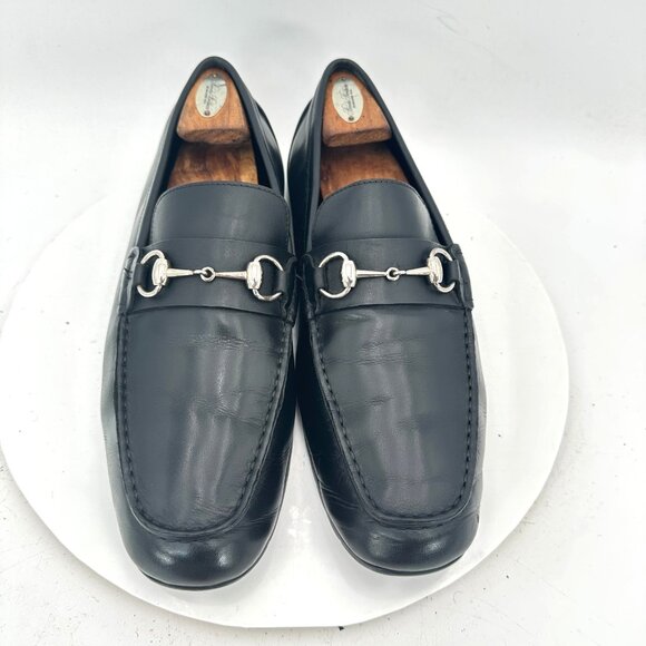 Gucci Men Size UK 10G US 10.5 Black Leather Silver Horsebit Slip On Loafer Shoes - Picture 1 of 13